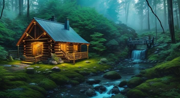 Ethereal Golden Hour Cabin Landscape
