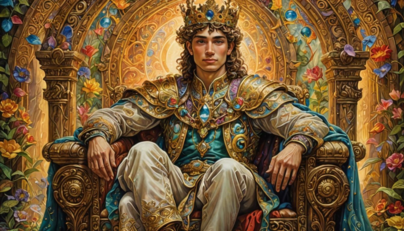 Young King on Throne in Surreal Style