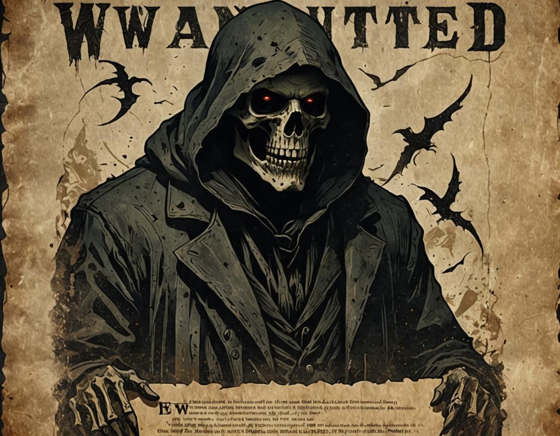 Mysterious Grim Reaper Wanted Poster in Dark Gritty Noir Sty...