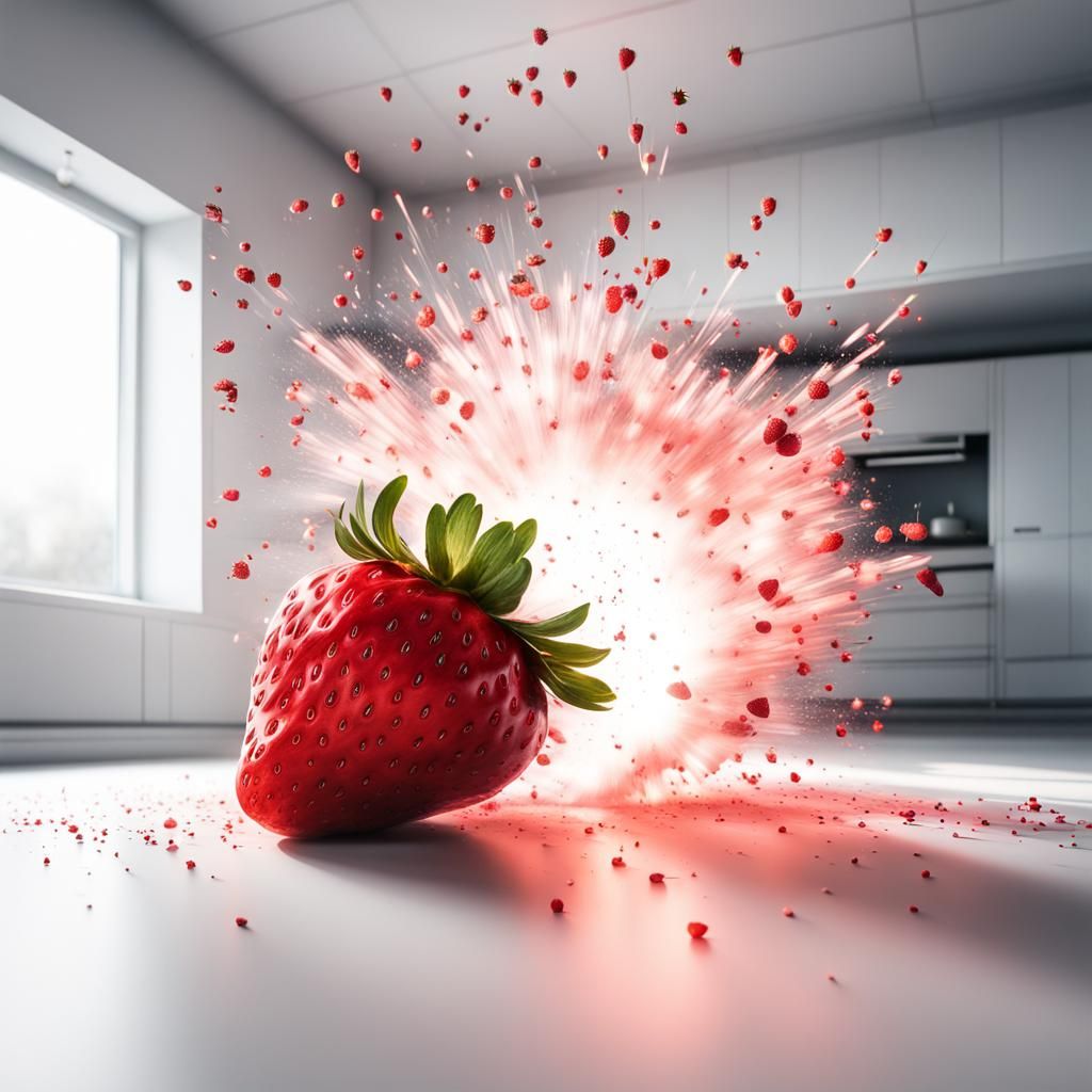 Nuclear Strawberry Explosion in White Room: Hyperrealistic I...