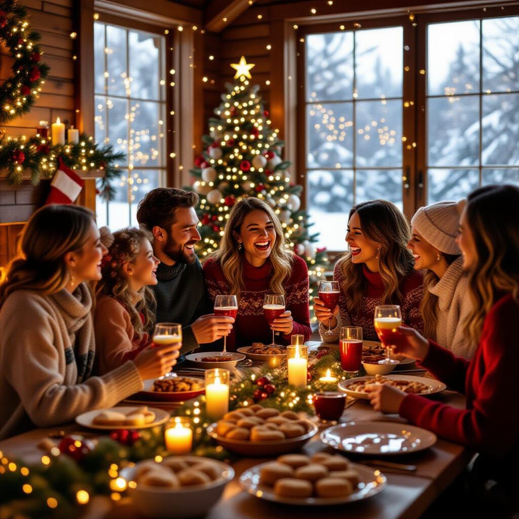 Cozy Holiday Party Scene With Twinkling Lights and Fireplace