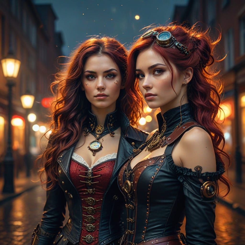 Hyperrealistic Steampunk Portrait of a Young Woman Walking i...