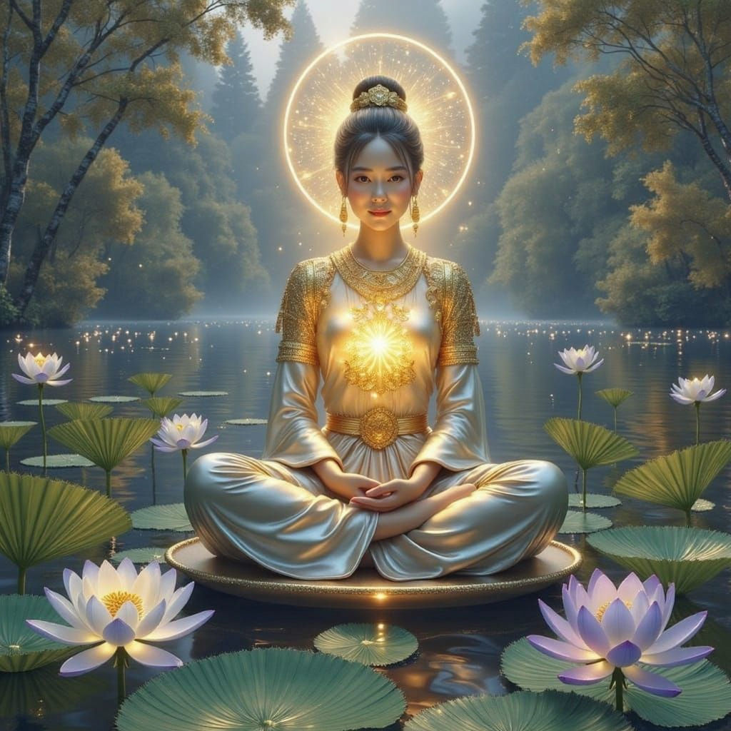 Buddhist Goddess of Enlightenment in Vibrant, Ethereal Scene...