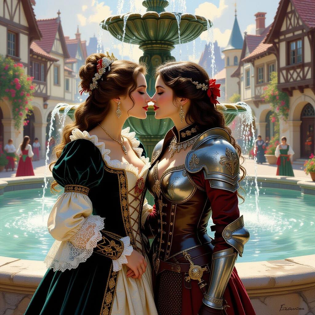 Romantic Kiss in a Fantasy Town, Oil Painting