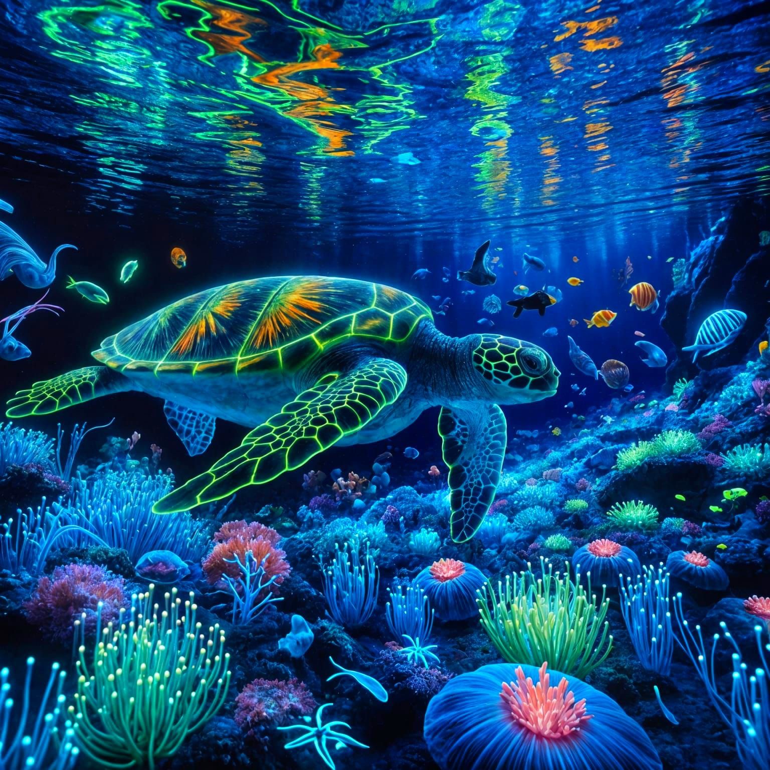 Neon Sea Turtle in Bioluminescent Ocean