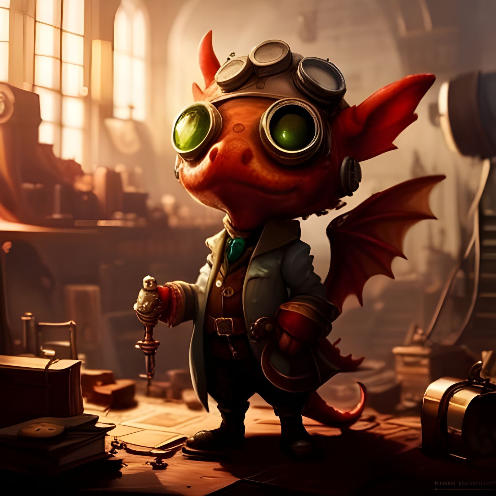 Steampunk Chibi Dragon in Laboratory Portrait