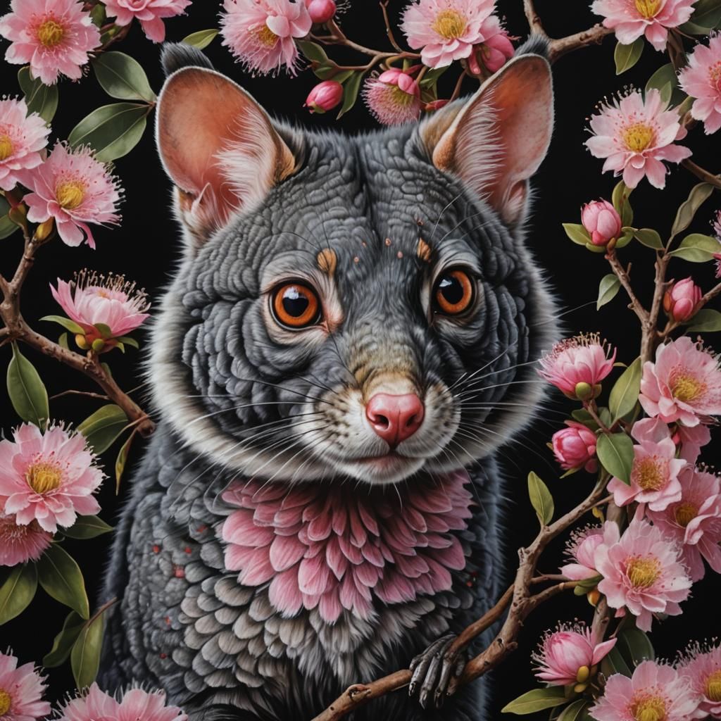 Hyperrealistic Brushtail Possum Oil Painting with Gum Flower...