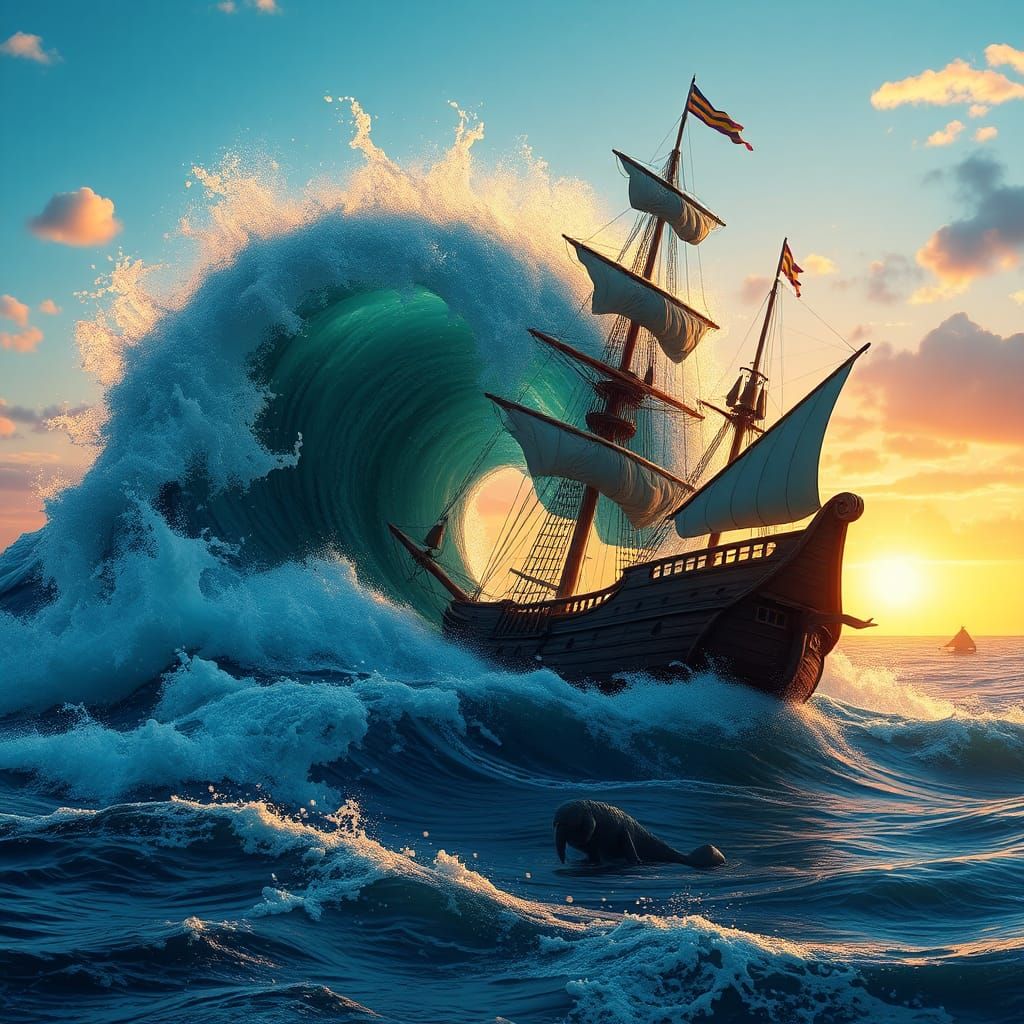 Galleon in Stormy Seas at Sunset