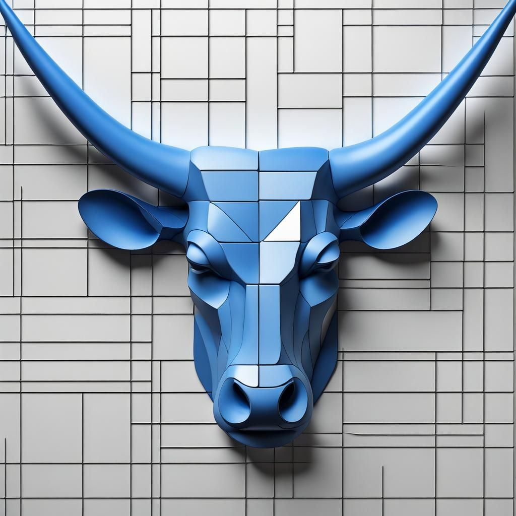 Longhorn Sculpture on White Wall in Mondrian Style