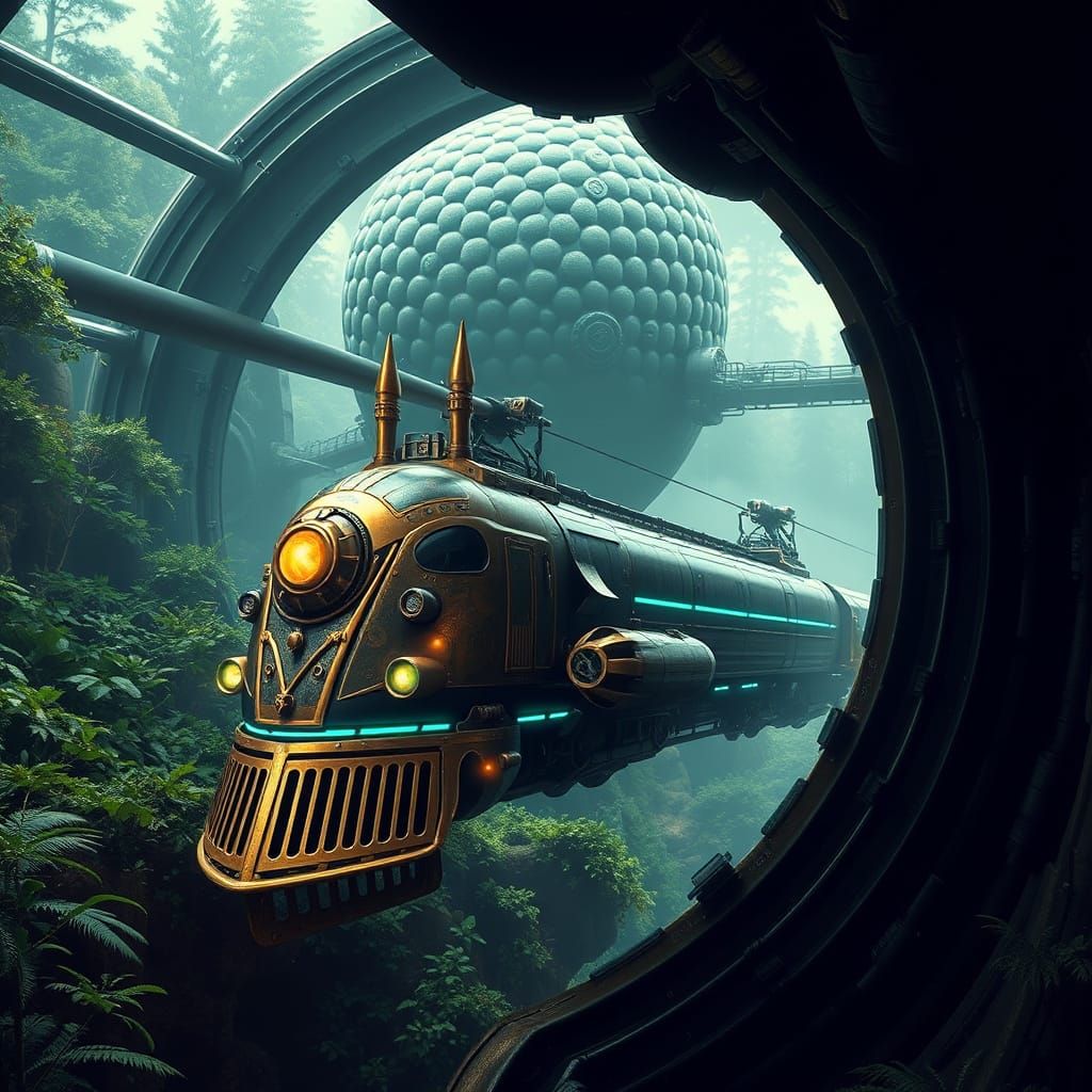 Cyberpunk Gothic Hybrid Vehicle Descends into Lush Arboretum...