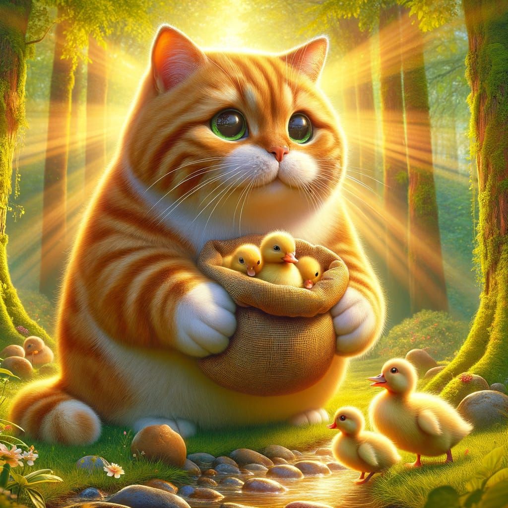 Whimsical Forest Scene with Majestic Cat and Quacking Duckli...