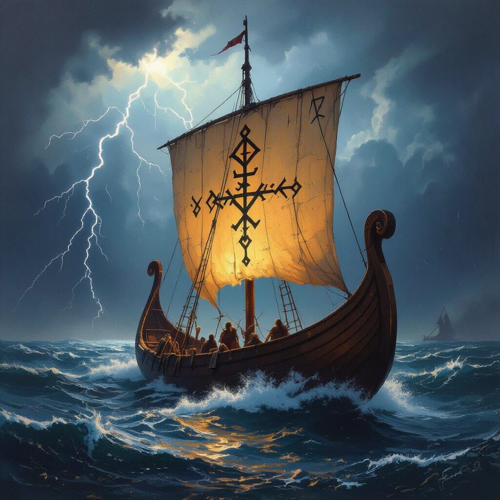Viking Ship on Stormy Seas with Rune Sails