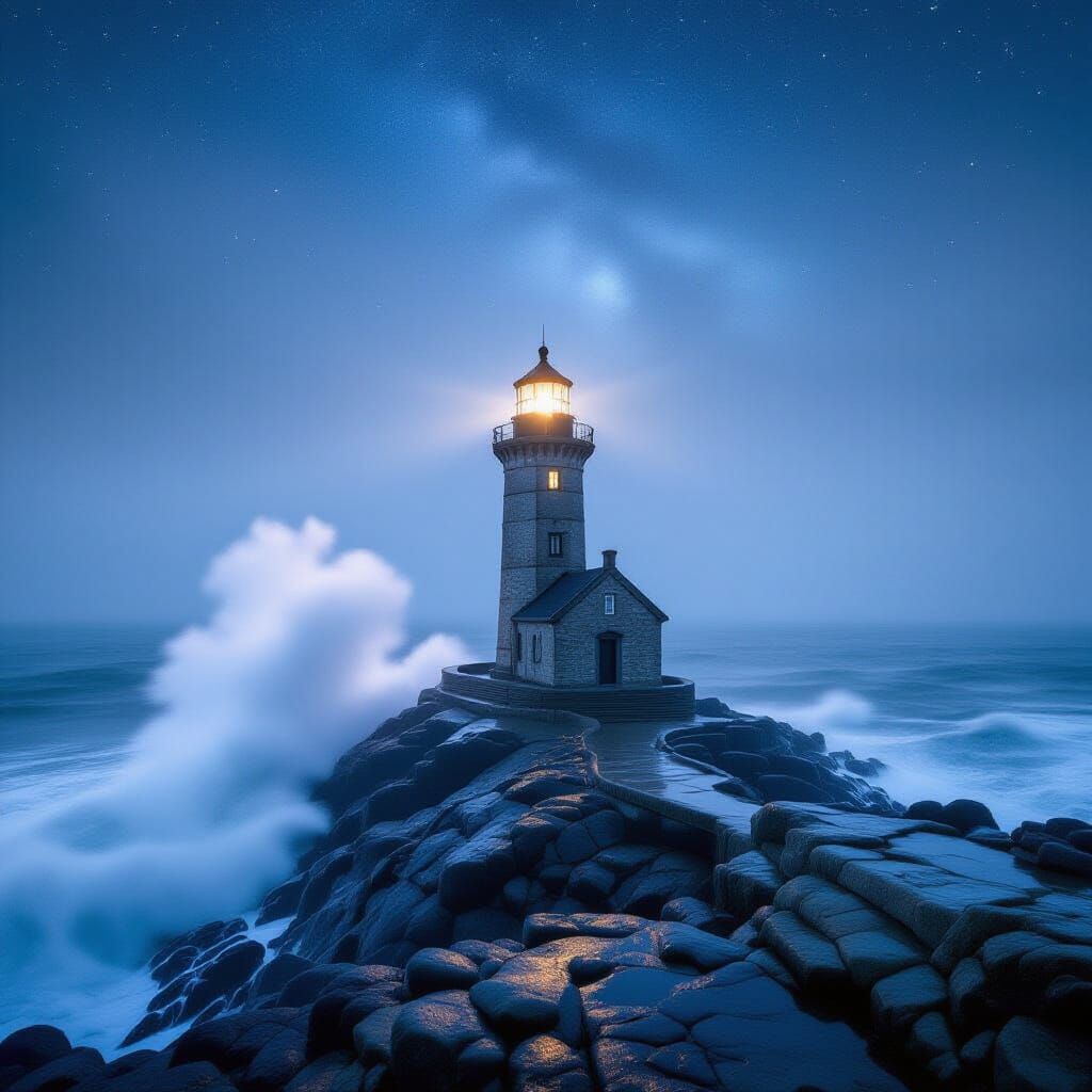 Lighthouse on Rocky Coast Shines Through Fog