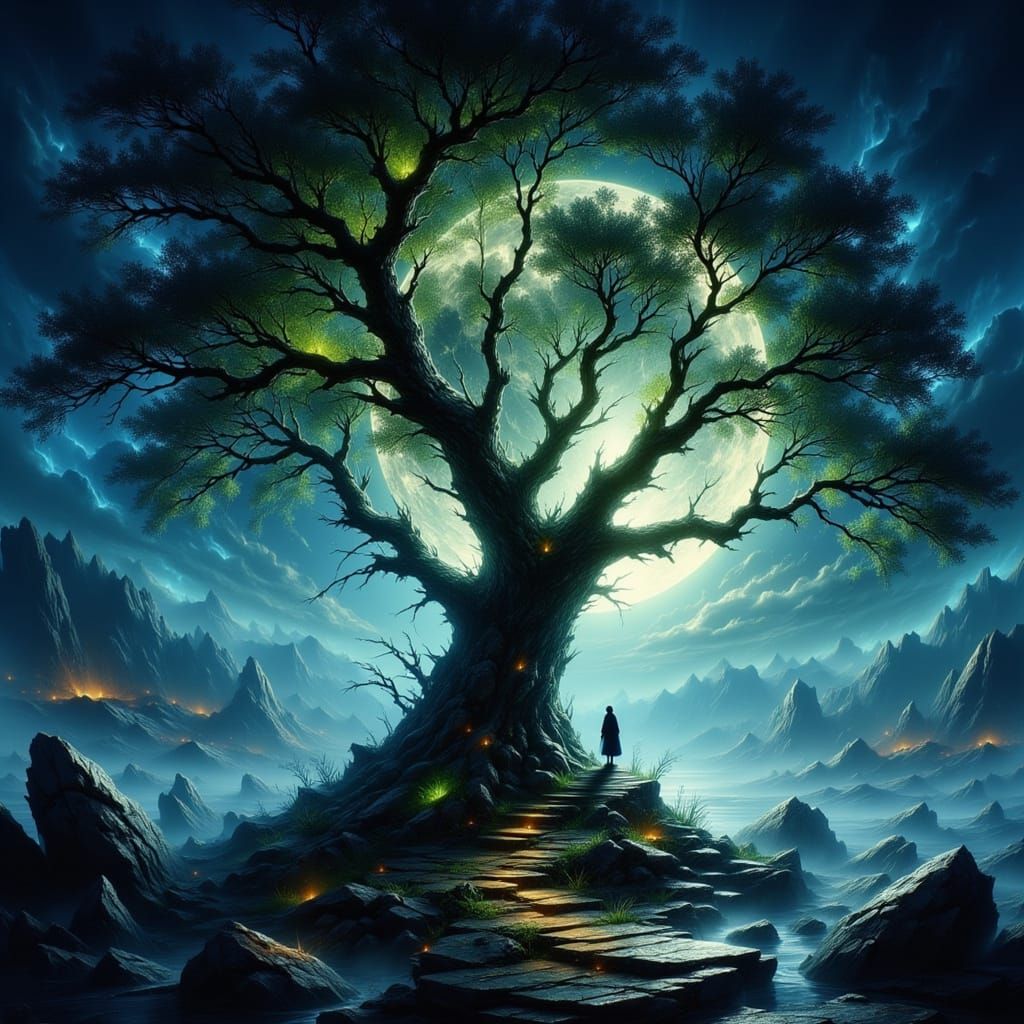 Mystical Tree of Life Under Moonlight