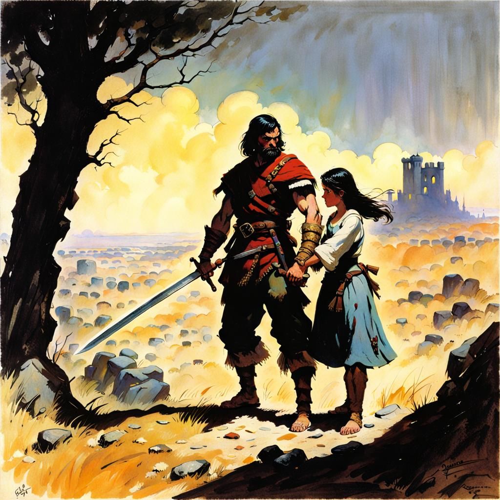 Swordsman Protects Girl: a Frank Frazetta Artwork