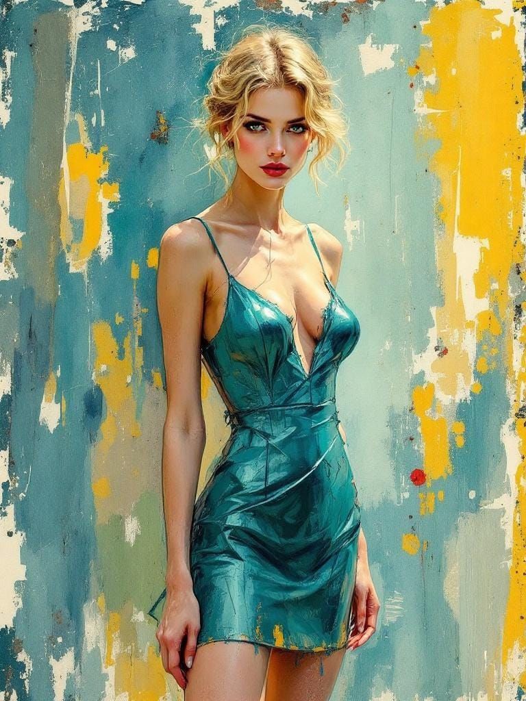 Elegant Woman in Metallic Dress, Watercolor and Sketch