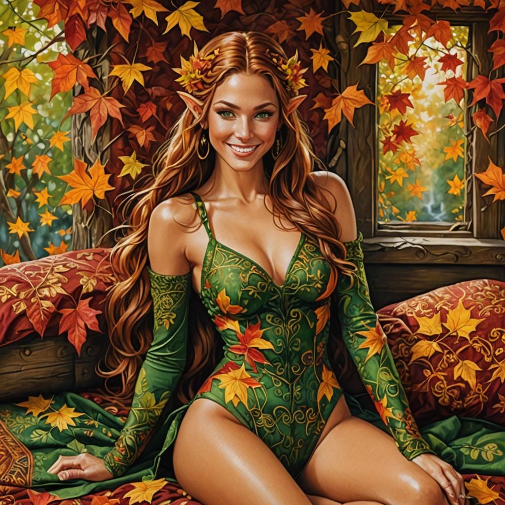 Elf in Autumn Landscape as Batik Art