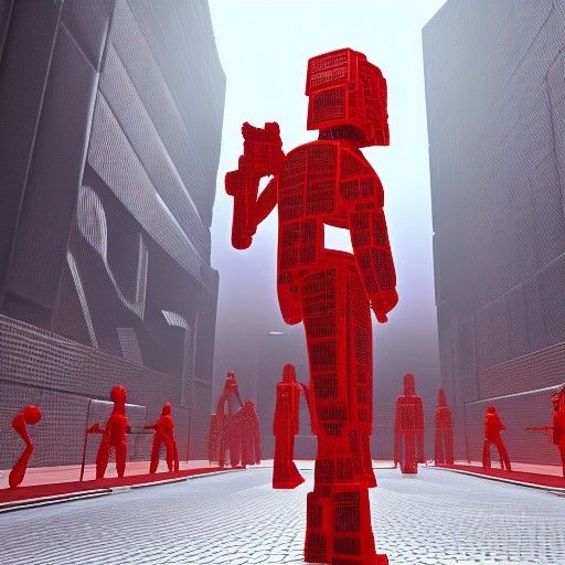 Giant Red Humanoid Destroys City: Digital Art