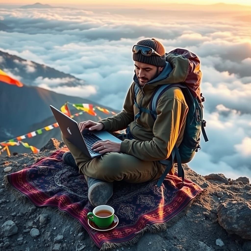 A digital nomad working from a mountaintop monastery in the Himalayas