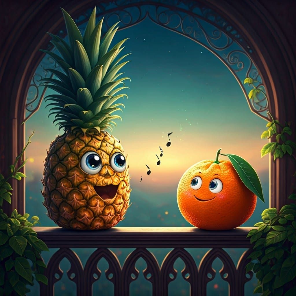 Whimsical Pineapple Serenades Shy Tangerine under Dreamy Bal...