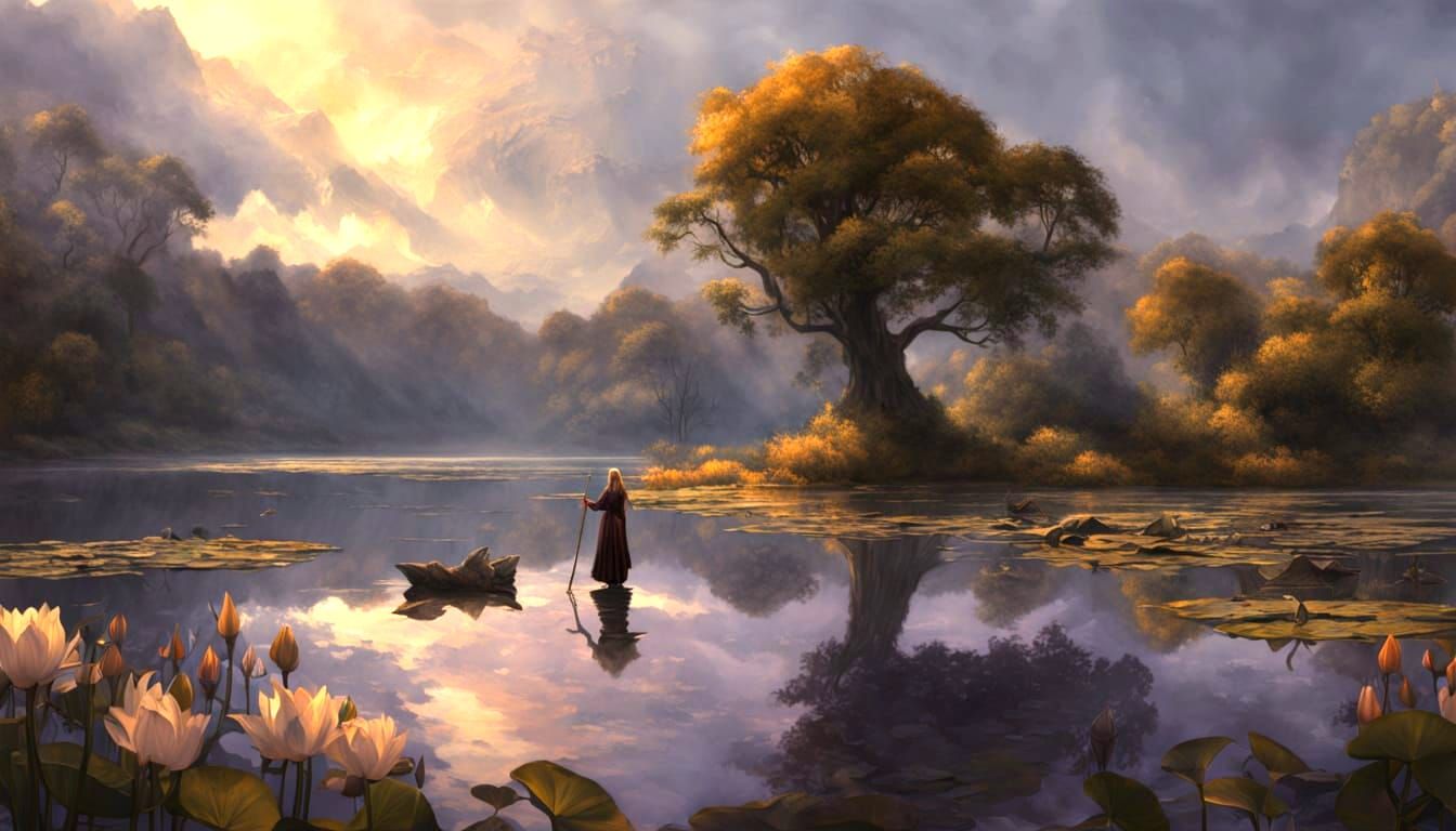 Female Bard Napping by Lake in Art Nouveau Style