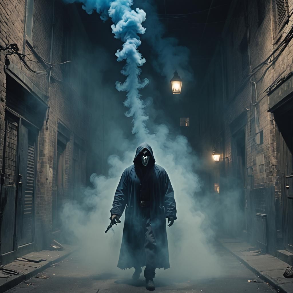 Ghostface in Smoky Alleyway: a Dark Cinematic Still