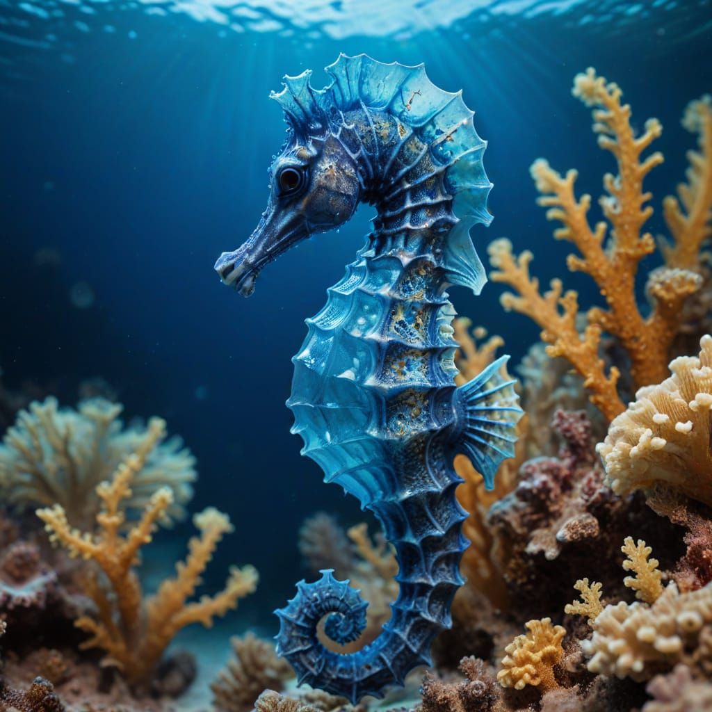 (a Seahorse made of liquid blue fluid :1.8),  in a sea reef ...