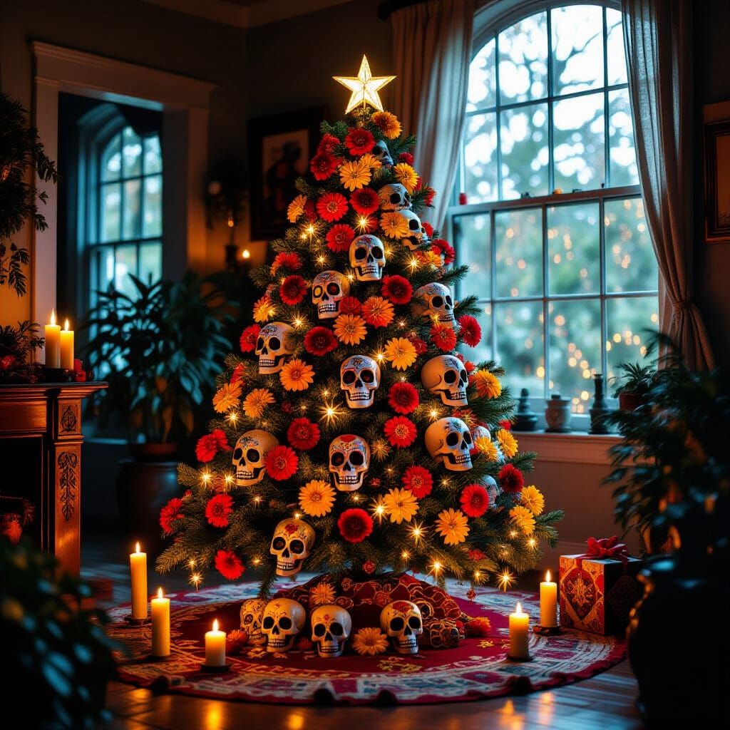 Day of the Dead Christmas Tree with Candlelight