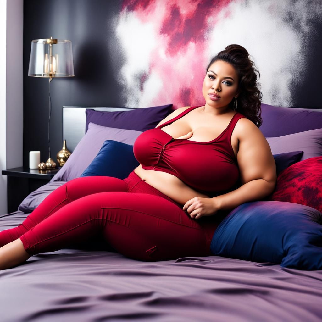 Relaxing Woman in Denim on Crimson Silk Bed