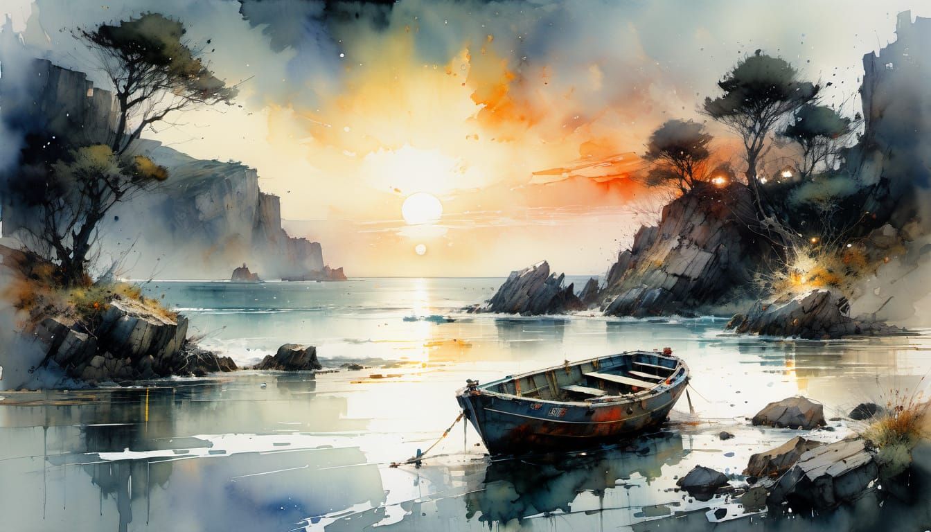 Watercolor of Rocky Coast at Sunset