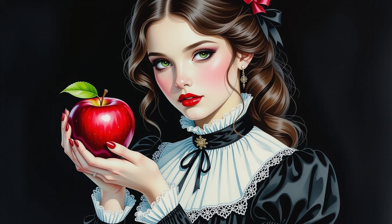 Gothic Woman With Apple Watercolor Painting