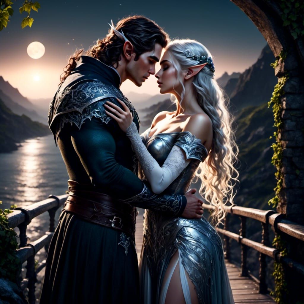 Romantic Elf Couple Kissing by Moonlight River