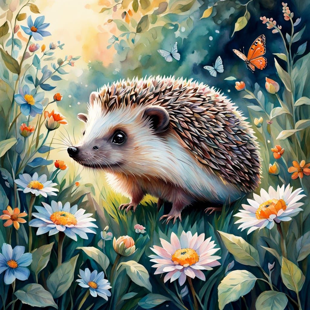 Whimsical Watercolor Garden Scene with Hedgehog and Butterfl...