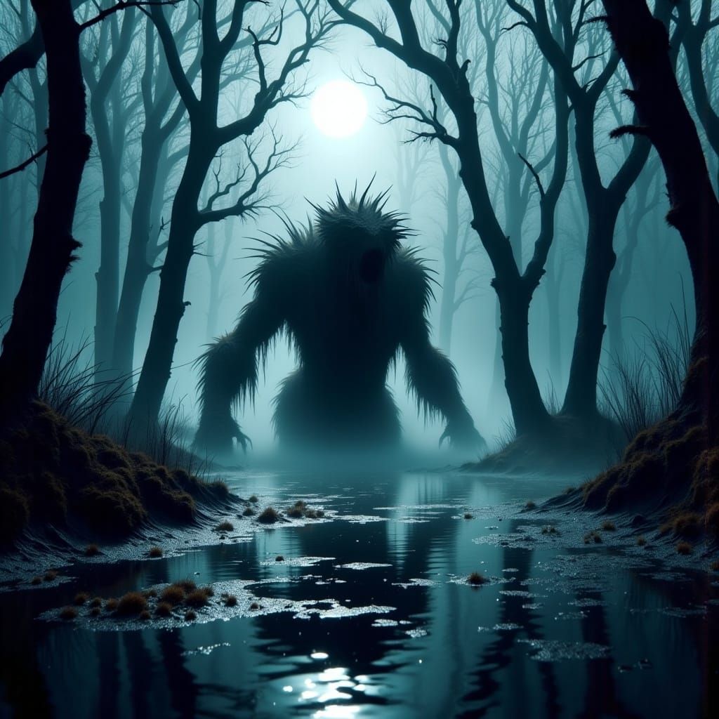 Moss Monster Emerges on Eerie Moonlit Lake