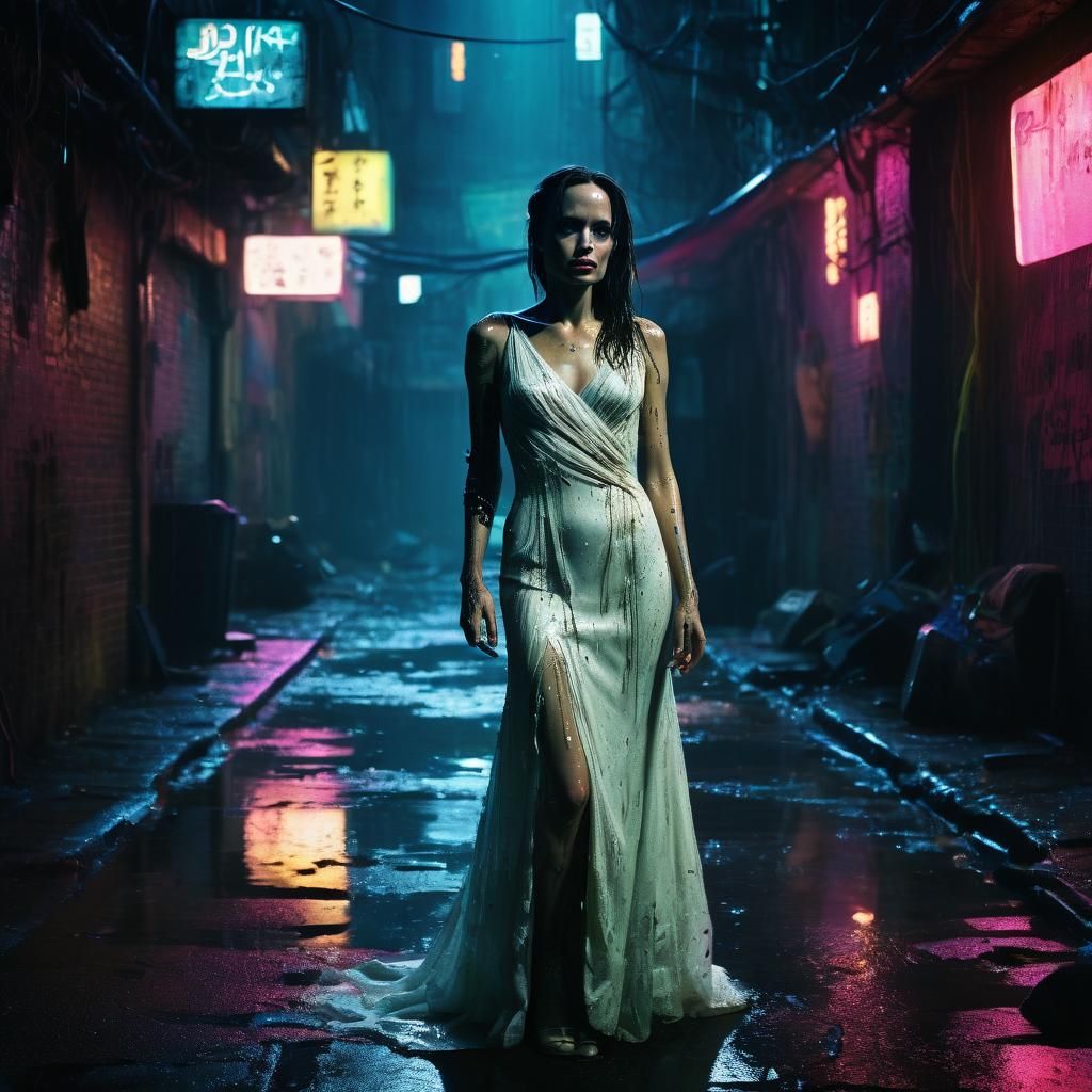 Cyberpunk Wedding Dress in Dark Neon Alley