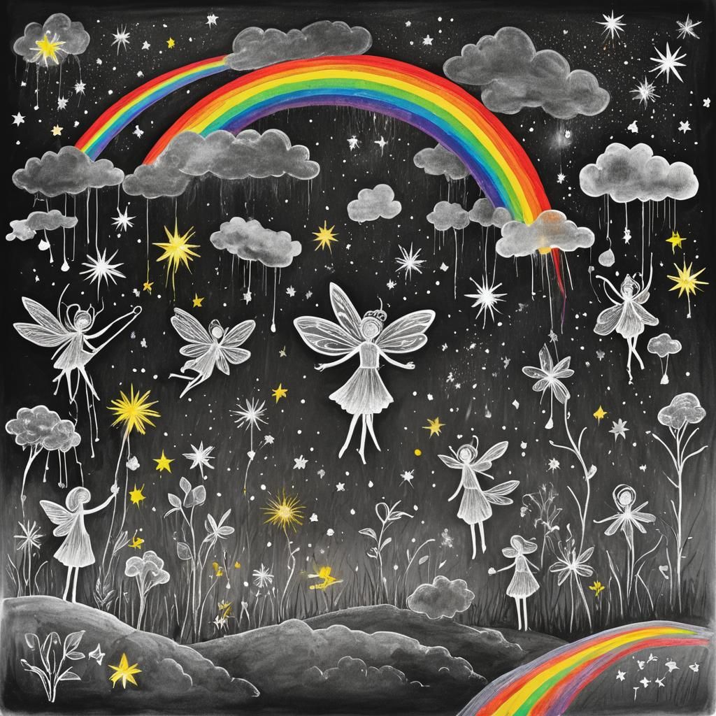 Fairies Playing in Starry Night Sky as Crayon Drawing