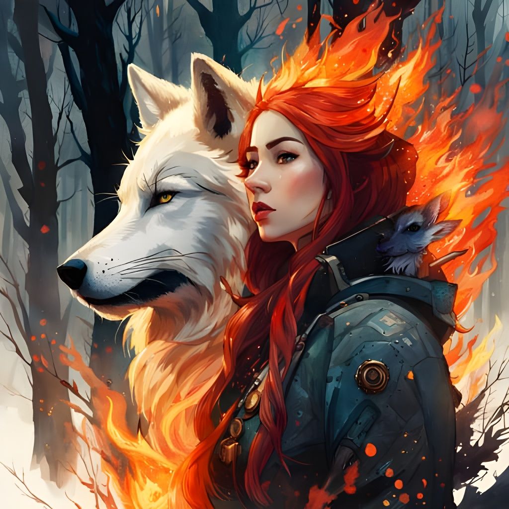 Pyrokinetic Woman with Loyal Wolf Companion