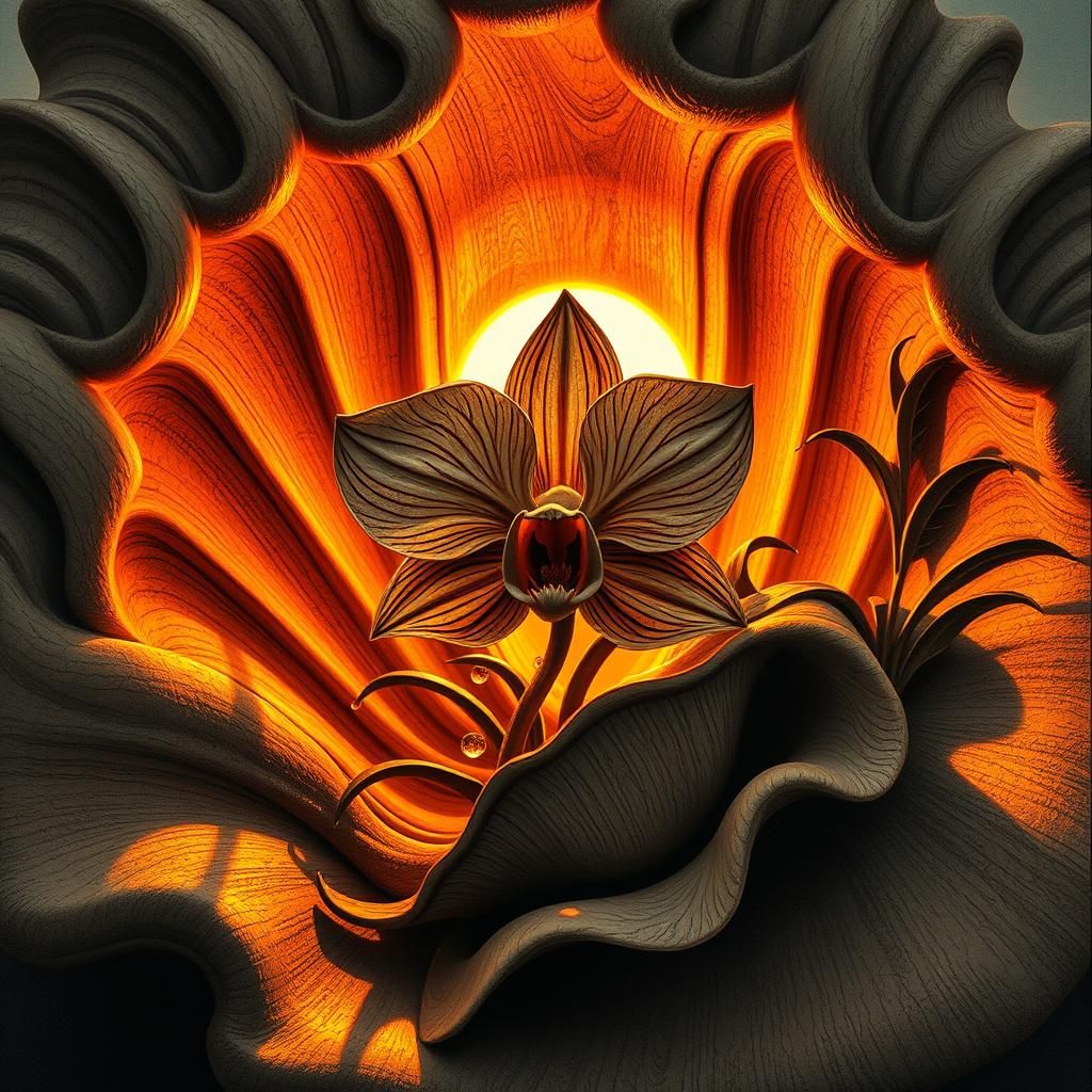 Wooden Orchid in Seashell: Zenga Art Charcoal Drawing