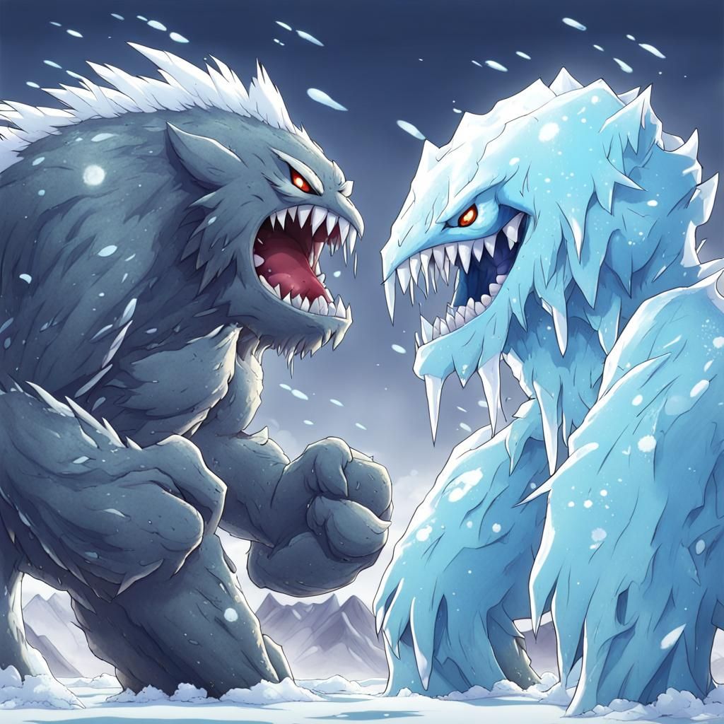 Ice Monster vs Rock Monster in Anime Style