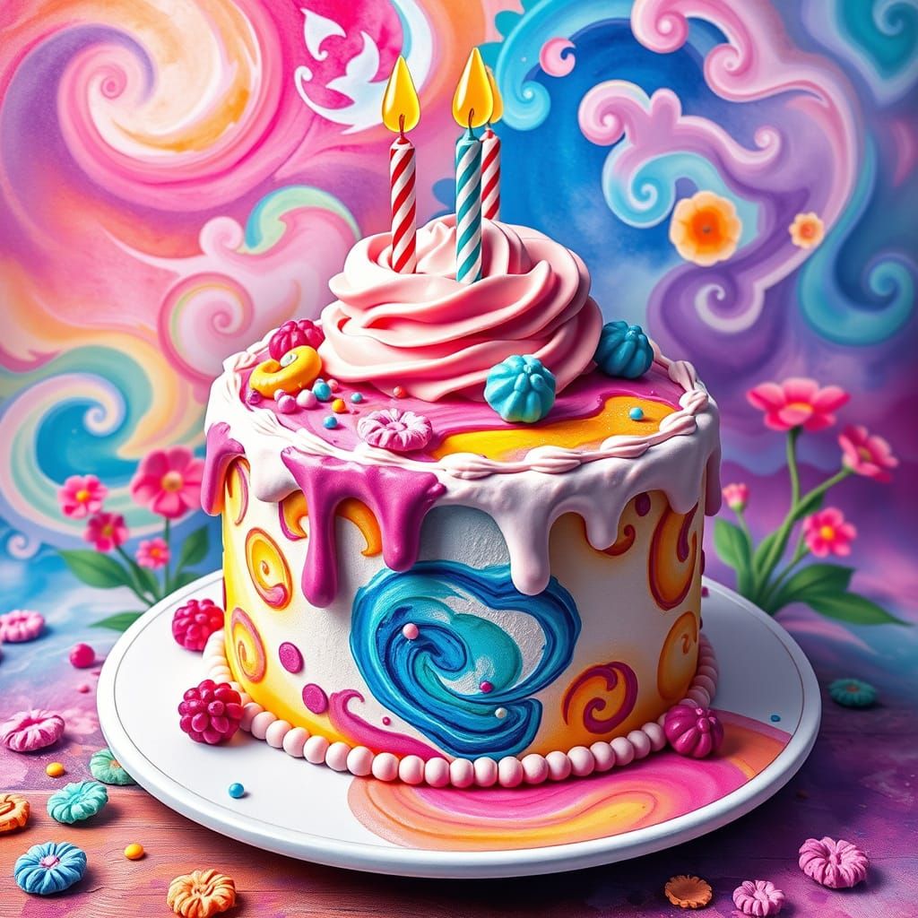 Vibrant Birthday Cake Wonderland in Gouache Swirls