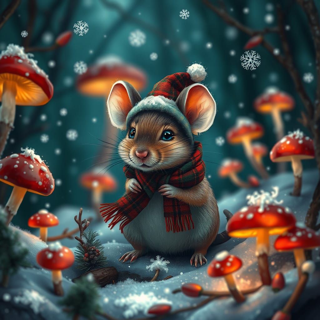 Whimsical Christmas Mouse in Snowy Forest Wonderland