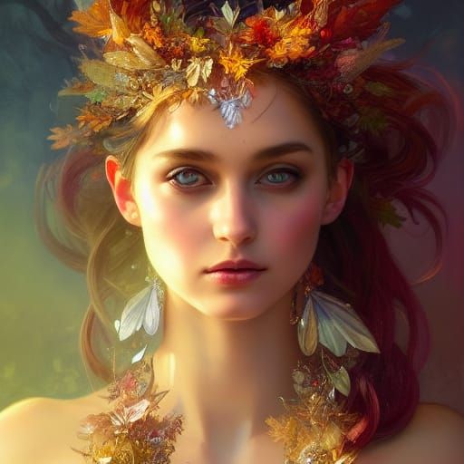 Fantasy Autumn Portrait of a Fairy in Luxurious Jewel Toned...