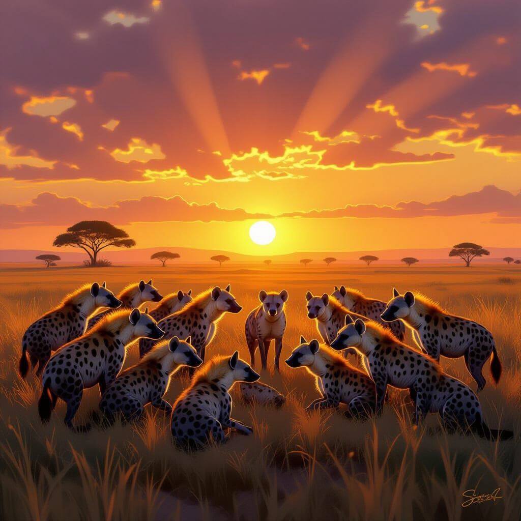 African Hyenas at Dusk in Golden Savanna Light