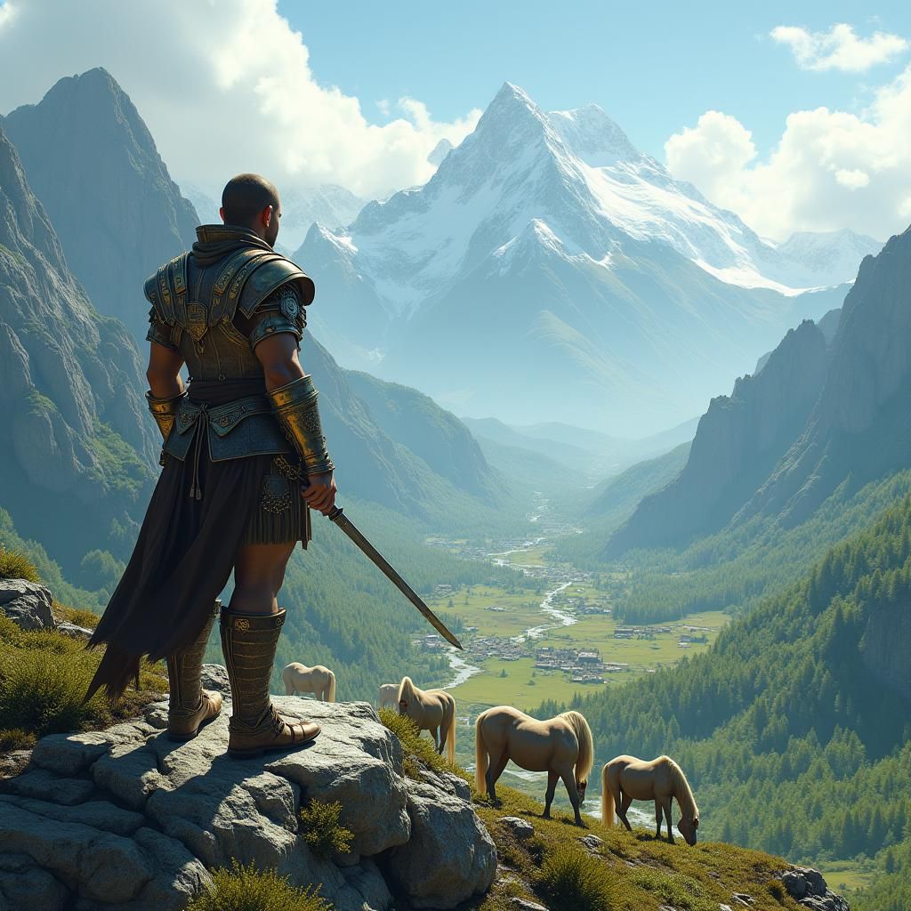 Roman Warrior Overlooks Valley of Six-Legged Horses