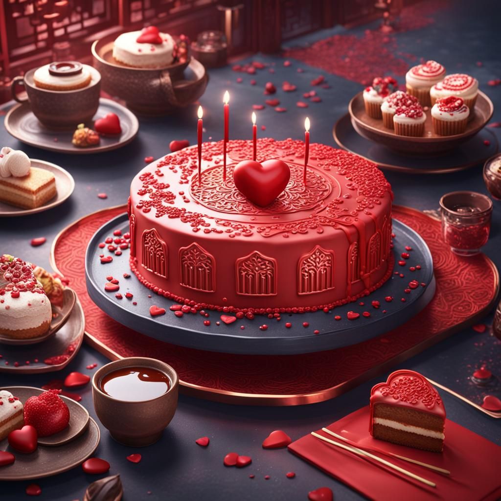Oriental Heart Cake in Modern Cafe: Fantasy Art