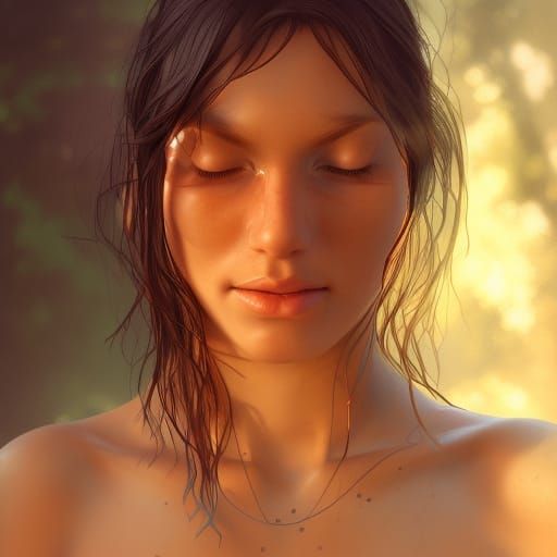 Meditating Naturist Woman: Detailed Splash Art Portrait