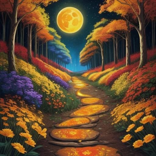 Golden Path Through Psychedelic Flower Field