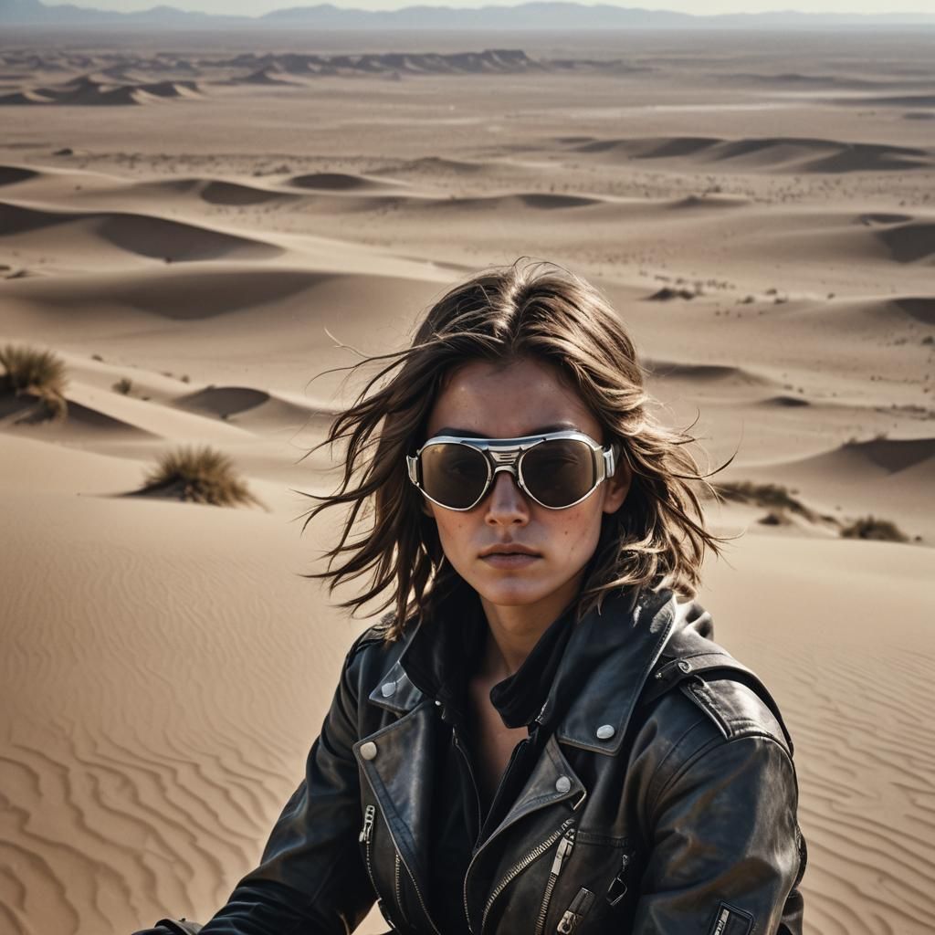 Woman in Desert: Cyberpunk Meets Ethereal Beauty