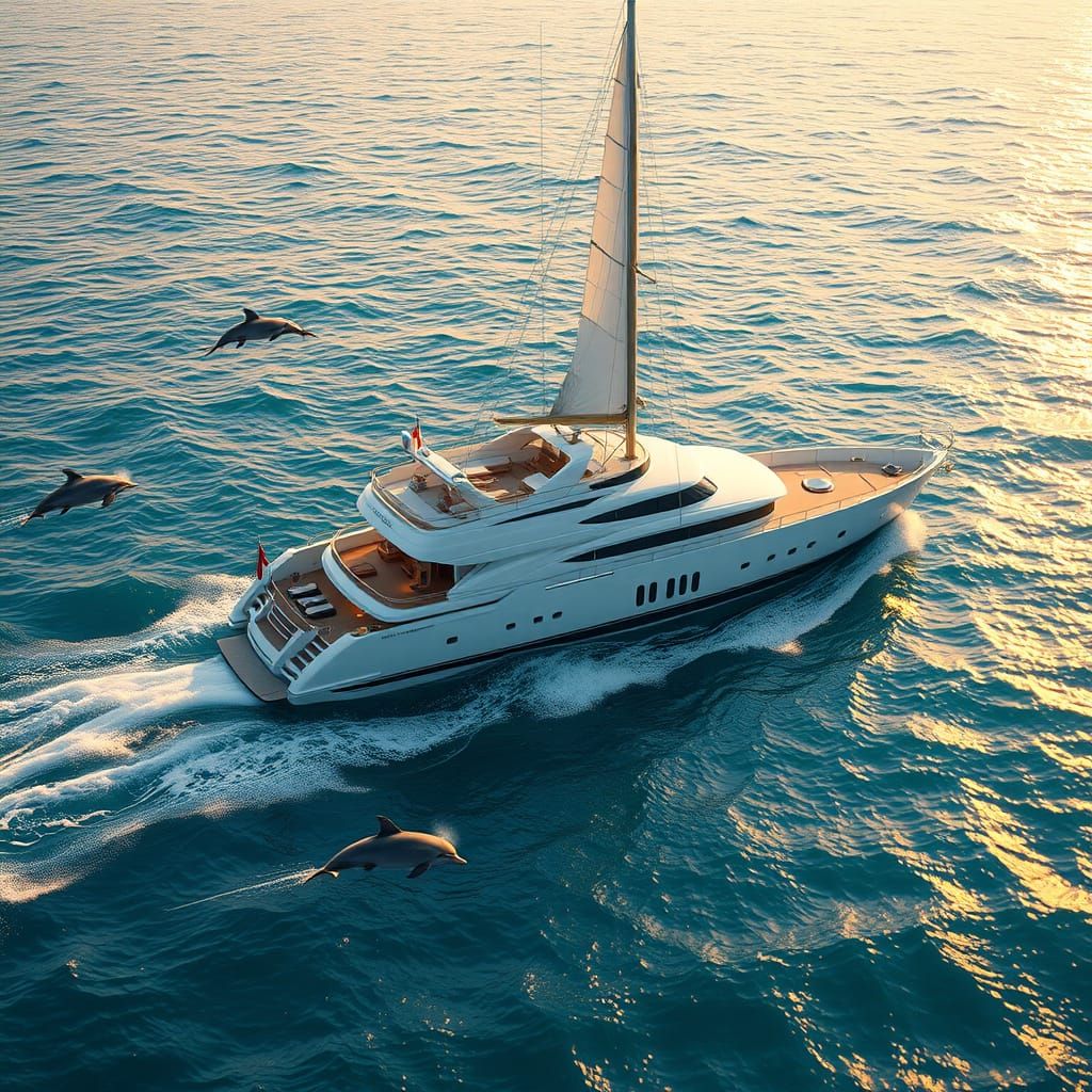 Majestic Snow-White Yacht Glides Through Turquoise Ocean wit...