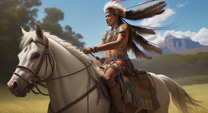 Native American Chief on Horseback in Valley